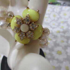 J. Crew Faux Pearl Double Row Yellow Cabachon Crystal Rhinestone Bracelet